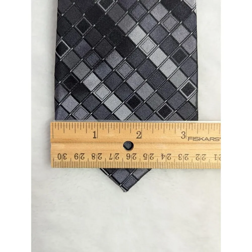 Vintage ck Calvin Klein Silk Necktie Gray Black Checkered Geometric Y2K 3.25